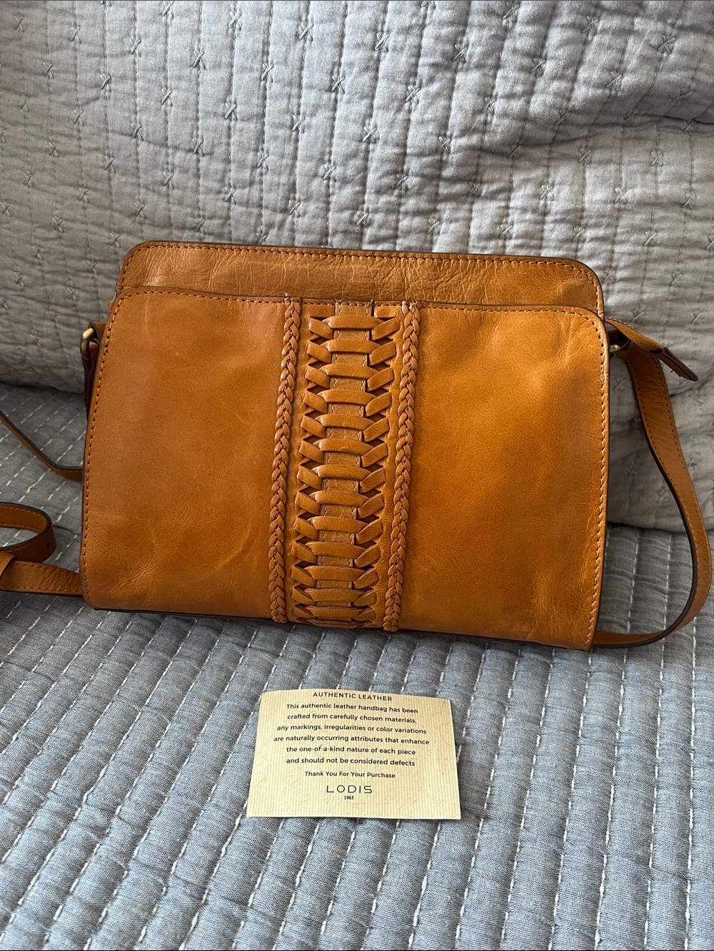 Lodis Cognac Leather Woven-Center Crossbody Bag